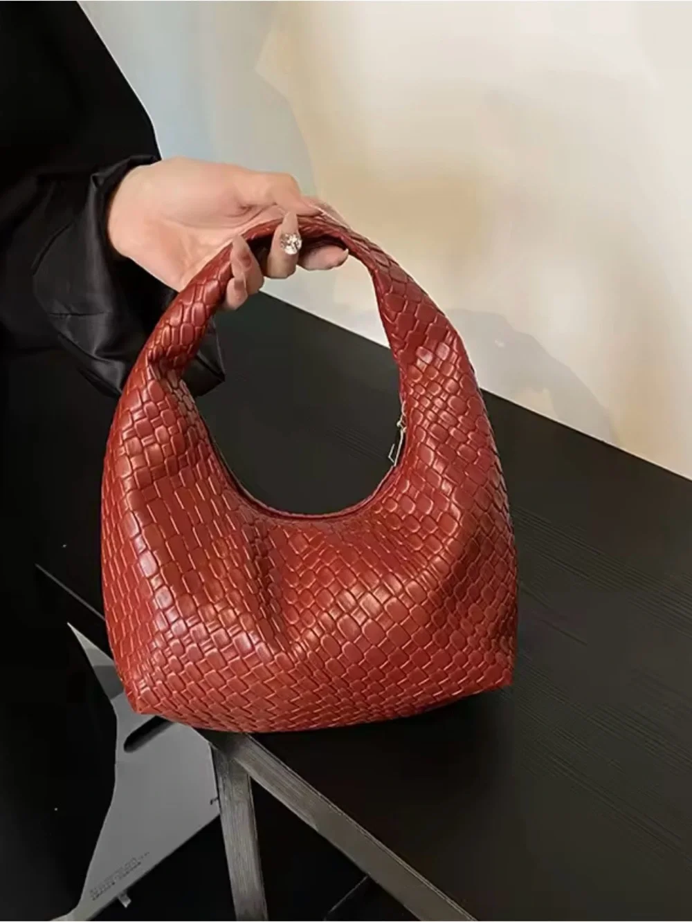 Woven Crescent Shoulder Bag in Rust